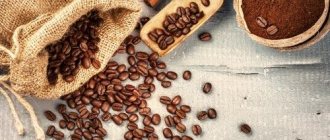 Кофейные зерна в мешке и молотый продукт