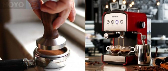 Рожковая кофеварка и процесс утрамбовки кофе в холдер